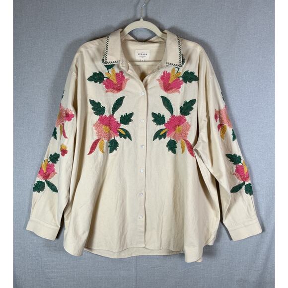 Sezane Maxy Top Shirt Oversized Beige Fits 16 & Up Floral Embroidered Button Up - Picture 3 of 15